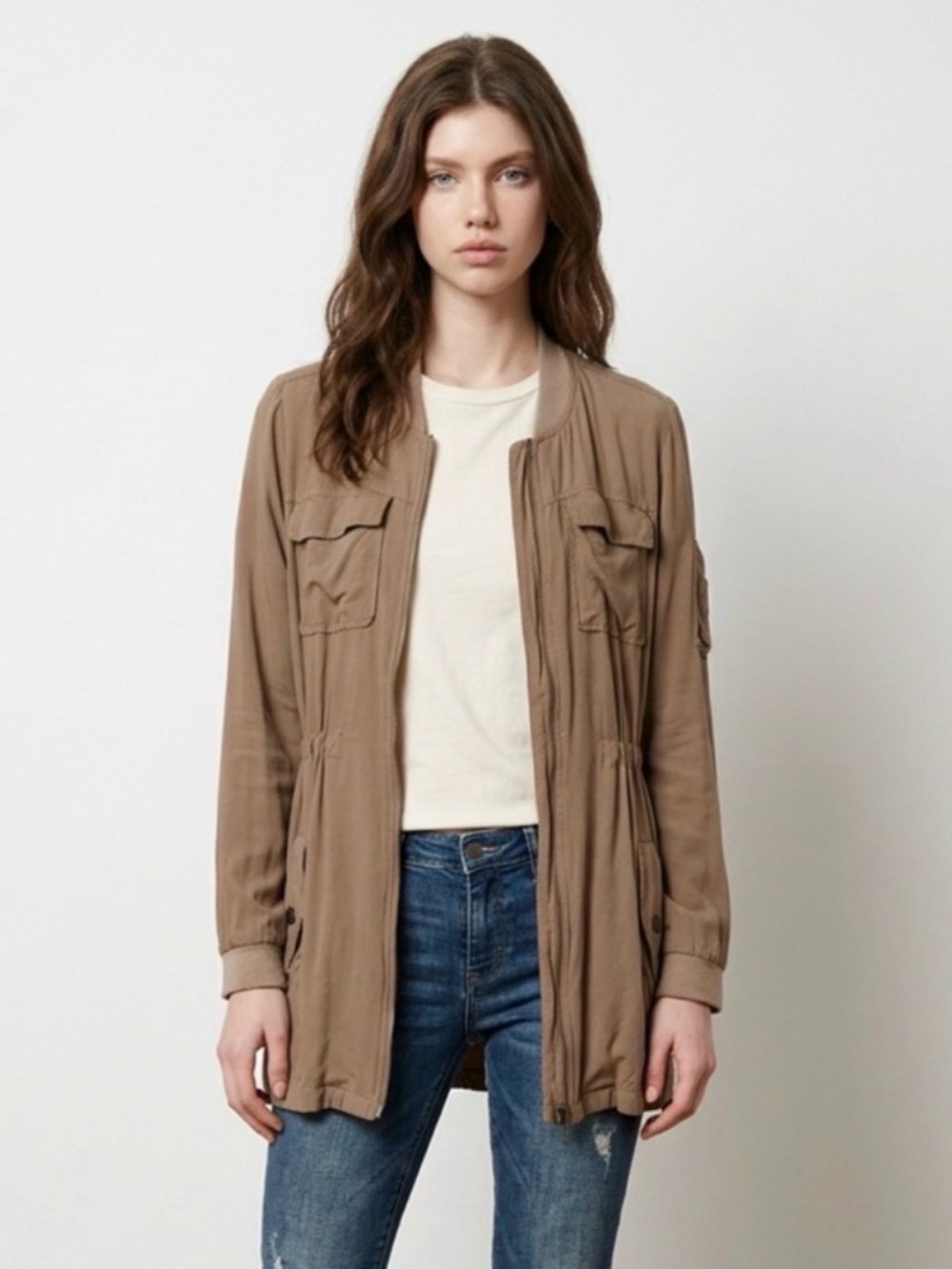 Women’s Fall Utility Jacket with Drawstring Waist - Colour Taupe - Size medium